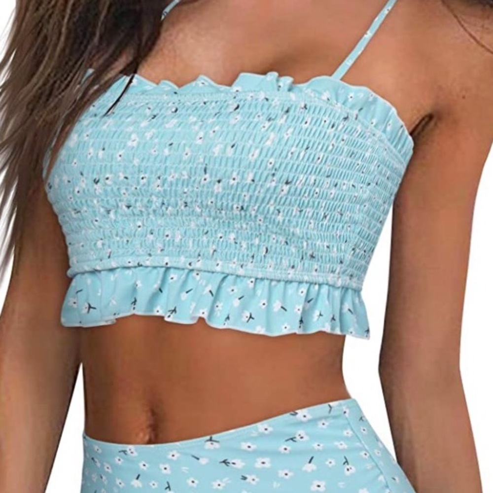MOOSLOVER Women's Shirred Bandeau Bikini Top High Waisted Bottom 2 P Swimsuits - Picture 3 of 9